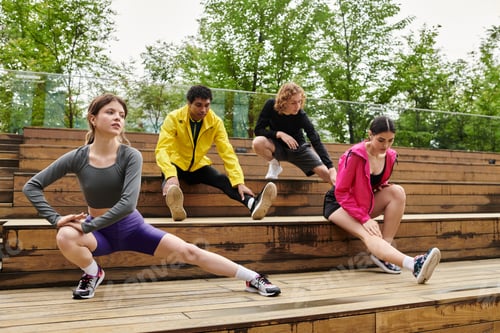 Preview: Group of young athletes stretching before practice on wooden bleachers in a vibrant outdoor setting