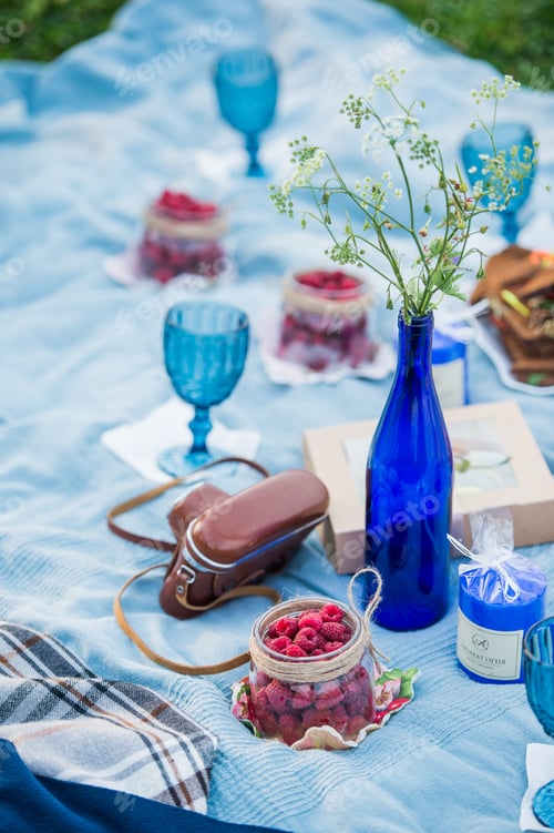 Preview: Delicious red raspberries laying in a small jar during picnic in park outdoors