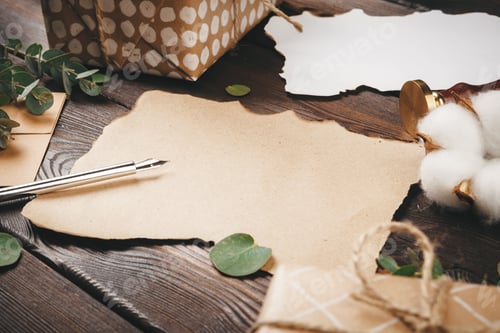 Preview: Writing holiday vintage style greeting card on wooden table, copy space