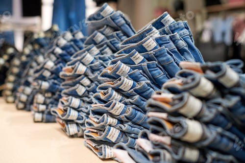 Preview: Denim jeans stack on wood table in clothing store, shopping