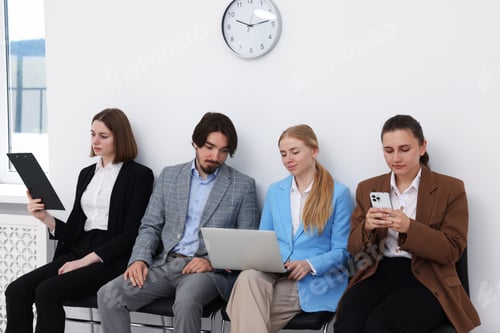 Preview: People waiting in queue on chairs indoors