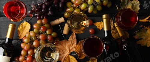Preview: Composition with wine and grape on wooden background, top view