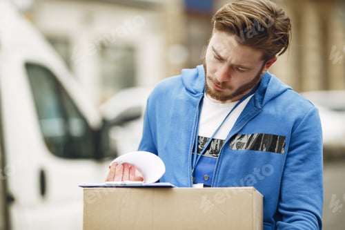 Preview: Delivery man with package outdoors