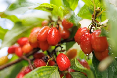 Preview: Bright red dogwood berries on a branch close-up after rain