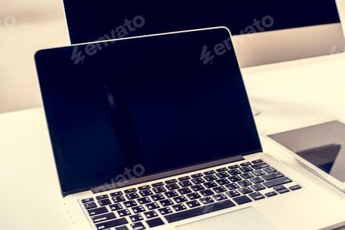 Preview: Laptop with mockup cyber-space monitor