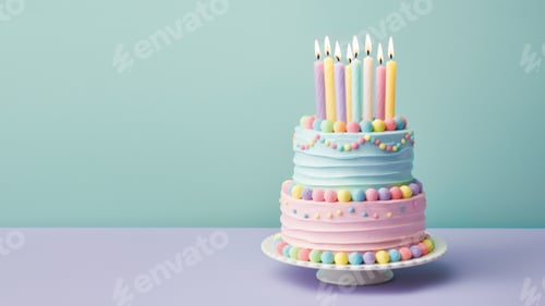 Preview: Colorful birthday cake in pastel colors with birthday candles and turquoise background