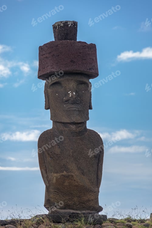 Preview: Moai Statue of Ahu Nau Nau wearing topknots near Anakena Beach - Easter Island, Chile