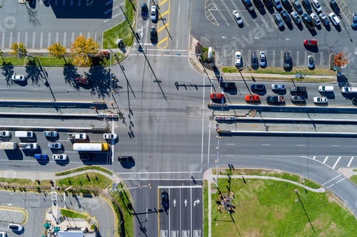 Preview: An aerial view of a road intersection during rush hour during urban transportation