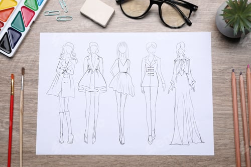 Preview: Sketch of stylish clothes and other fashion designer`s supplies on wooden table, flat lay