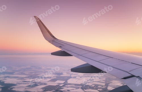 Preview: Aircraft wing and sky. Air transport.