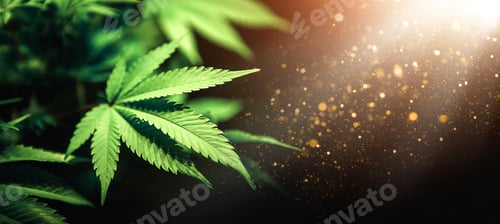 Preview: Green cannabis leaf close up on black background with sunbeam and glow.