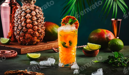 Preview: Alcoholic cocktail with vodka, pineapple juice, mango, red syrup and ice. Long drink