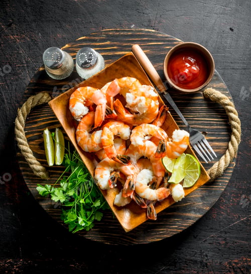 Preview: Fried shrimps on tray with herbs, sauce and spices.