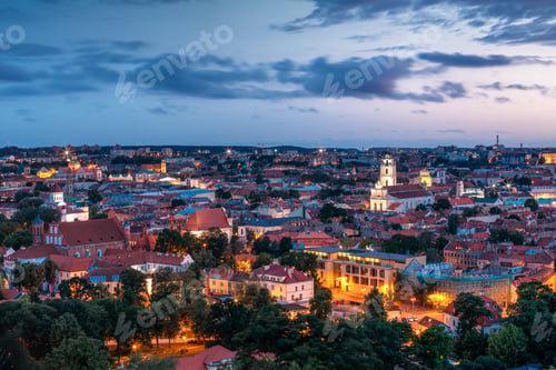 Preview: Vilnius, Lithuania. Historic Center Cityscape After Sunset. Old