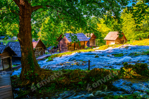 Preview: Scenic view of the flowing Jajce watermills in Jezero, Bosnia and Herzegovina