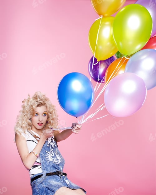 Preview: Portrait Of Beautiful Party Blonde Girl Pulling Balloons Celebrating Birthday