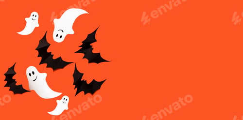 Preview: Halloween photo of black bats, ghost on blank orange background. Halloween decoration