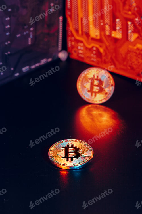 Preview: golden bitcoin and computer chip in background
