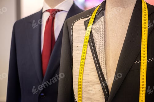 Preview: Semi-ready suit on mannequin in atelier