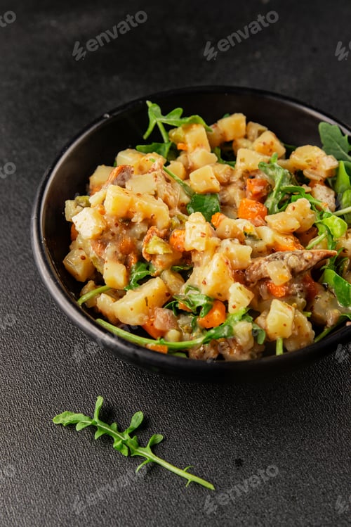 Preview: Potato salad with smoked fish tasty snack fresh delicious gourmet food background