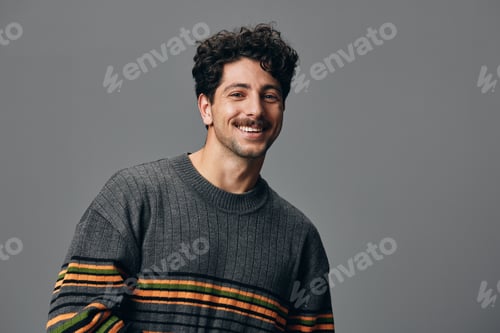 Preview: Fashion man sweater portrait hipster face copyspace trendy cheerful standing handsome smile
