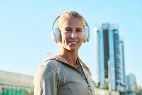 Preview: Happy young blond woman in white leather headphones and grey sport jacket