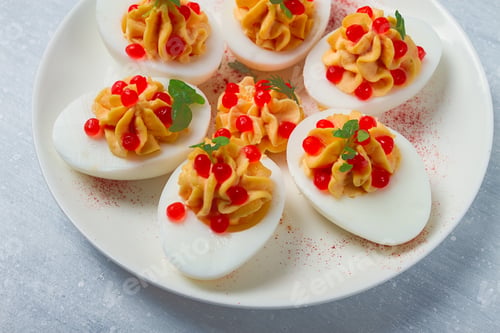 Preview: Stuffed eggs, with red caviar, micro greenery, Snack, on a white plate, top view, close-up,