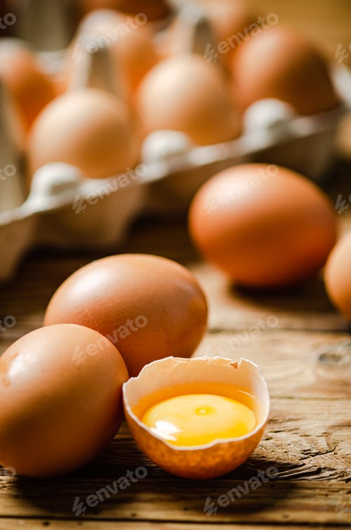 Preview: Chicken eggs on wooden table.