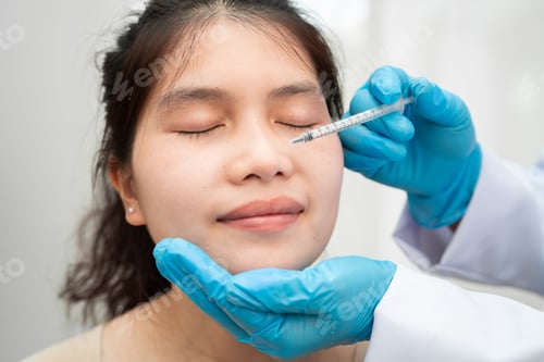 Preview: Asian woman receiving filler beauty injection.