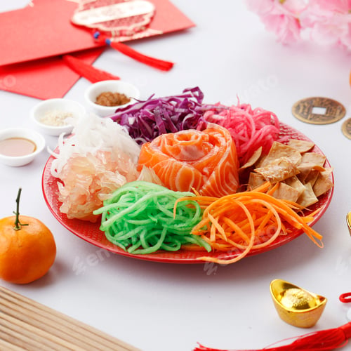 Preview: Yusheng, Yee Sang or Yuu Sahng usually Consists of Strips of Raw Salmon Fish