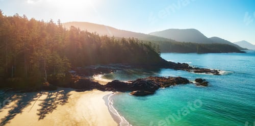 Preview: Sandy shore on Pacific Ocean West Coast. Sunrise. Vancouver Island, BC, Canada.