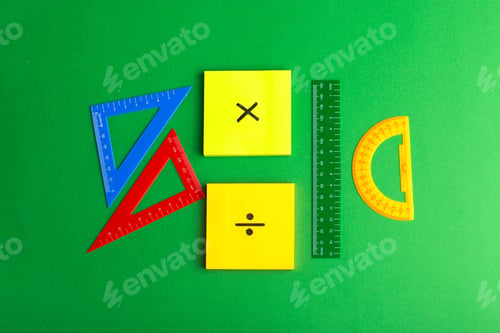 Preview: front view different signs on colorful stickers with figures on the green background math color