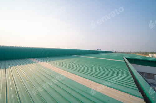 Preview: Metal sheet corrugated roof on rooftop of industry factory. Steel structure of station building