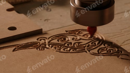 Preview: Carving geometric pattern on wooden sheet with small drill at woodwork factory, macro view. Creative