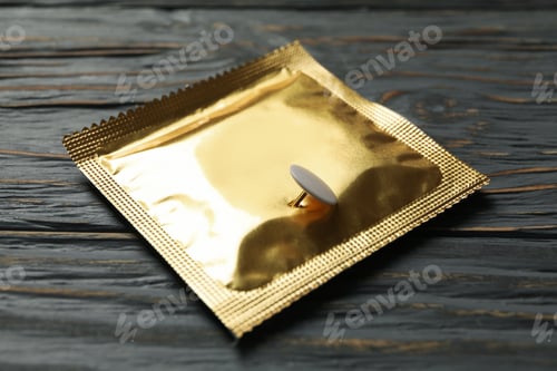 Preview: Condom with pin on wooden background, close up