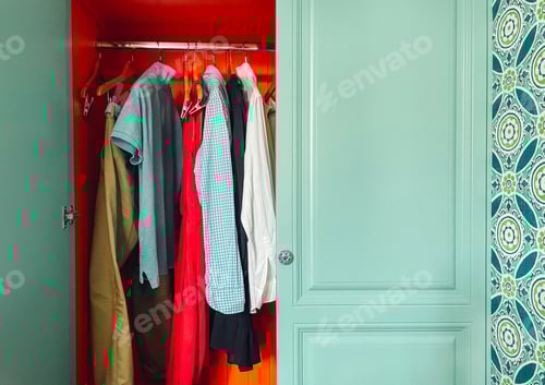 Preview: Clothes Hanging in Open Wardrobe with Wallpaper