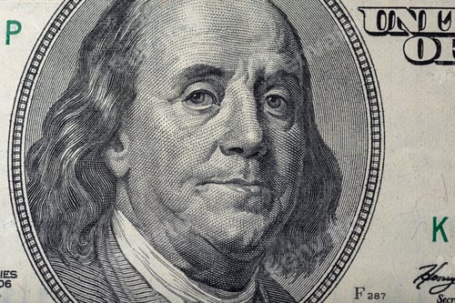 Preview: Portrait of Ben Franklin on the US 100 dollar bill in macro. Benjamin Franklin on hundred dollar