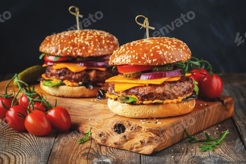 Preview: Two delicious homemade burgers of beef, cheese and vegetables on an old wooden table.
