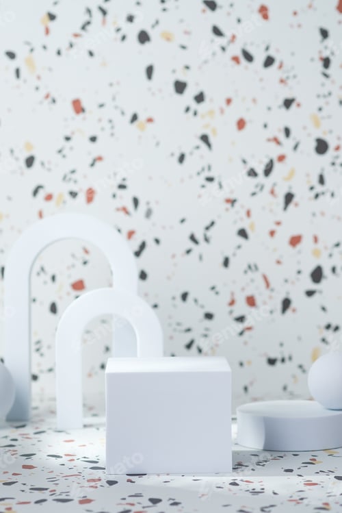 Preview: white geometric pedestal on terrazzo background with summer sunlight
