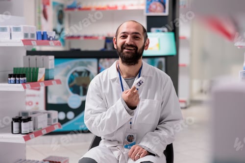 Preview: Pharmacist having medical oximeter on finger measuring his pulse while waiting for customers