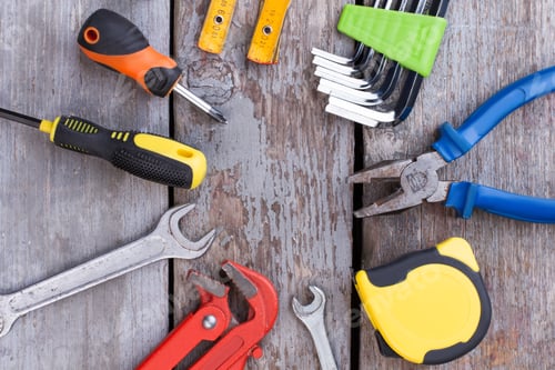 Preview: Set of construction tools, top view.
