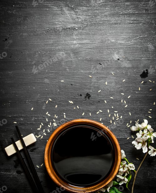 Preview: Soy sauce and branches of cherry blossoms.