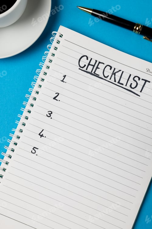 Preview: Vertical image of notebook with checklist and copy space, coffee and pen on blue surface