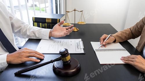 Preview: Lawyer or judge present client with contract document papers, Law and Legal services concept.