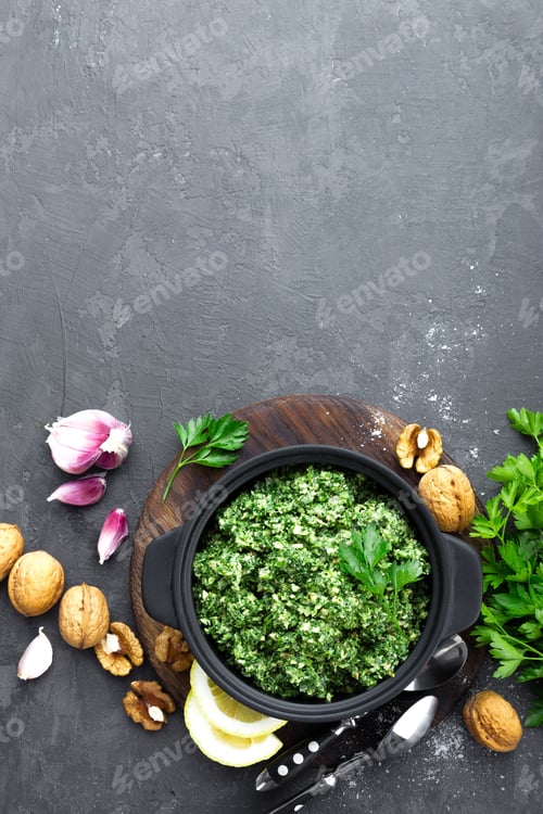 Preview: Pesto. Italian pesto with fresh pasrley, garlic, lemon juice, walnuts and olive oil