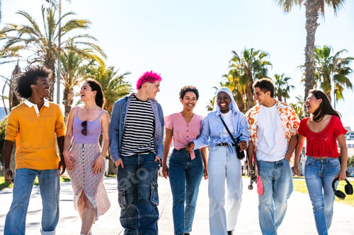 Preview: Multiethnic group of young happy friends hanging out
