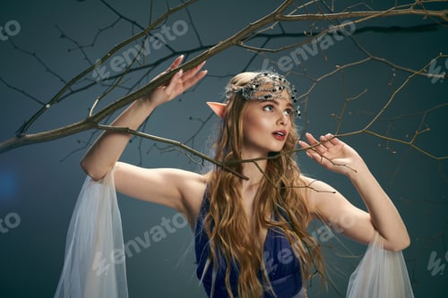 Preview: Enchanted maiden in azure gown beside ancient tree