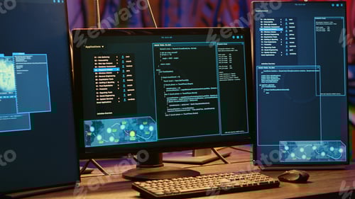 Preview: PC monitors in neon lit warehouse