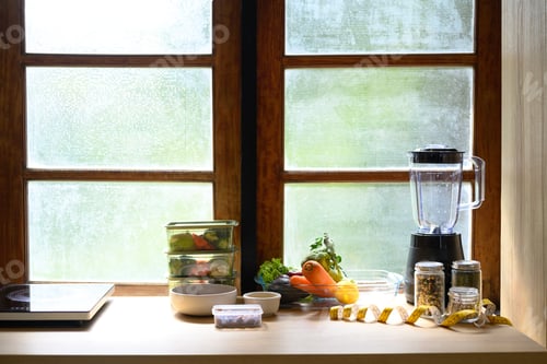 Preview: Healthy lifestyle setup with vegetables, smoothie blender, food storage