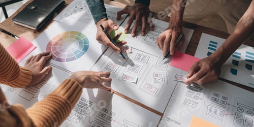 Preview: Team ux designer creative graphic planning application development a prototype smartphone layout.